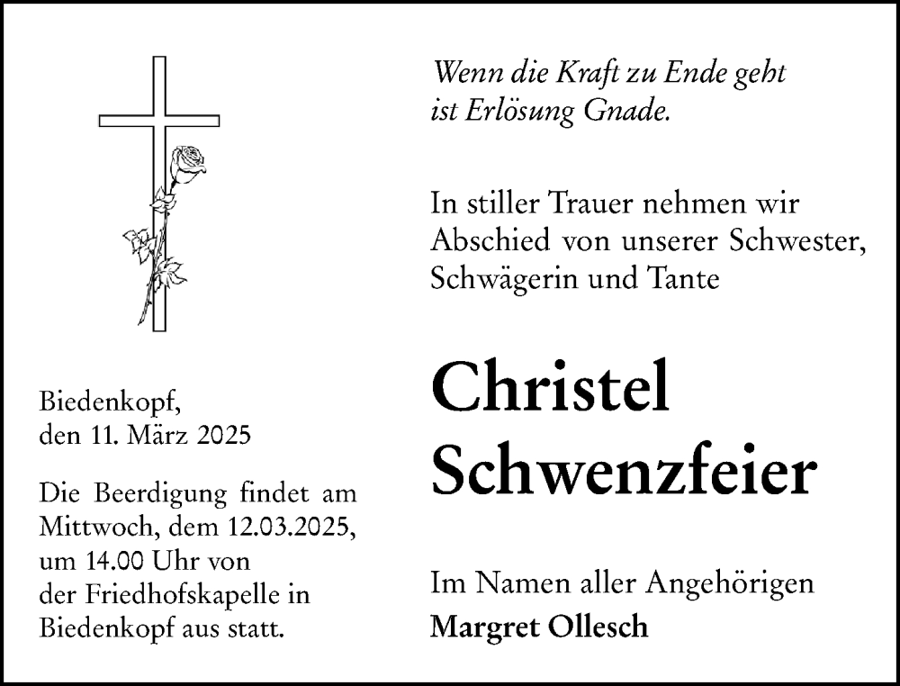  Traueranzeige für Christel Schwenzfeier vom 11.03.2025 aus Hinterländer Anzeiger