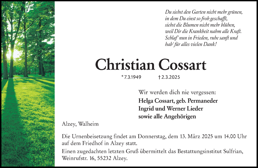  Traueranzeige für Christian Cossart vom 08.03.2025 aus Allgemeine Zeitung Alzey