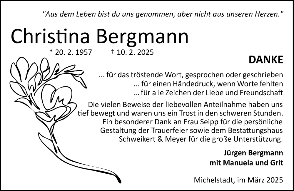  Traueranzeige für Christina Bergmann vom 29.03.2025 aus Odenwälder Echo