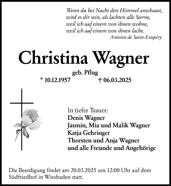 Traueranzeige von Christina Wagner von Wiesbadener Kurier