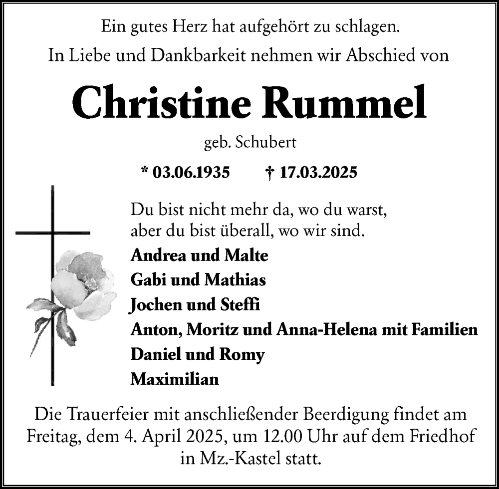  Traueranzeige für Christine Rummel vom 29.03.2025 aus Wiesbadener Kurier