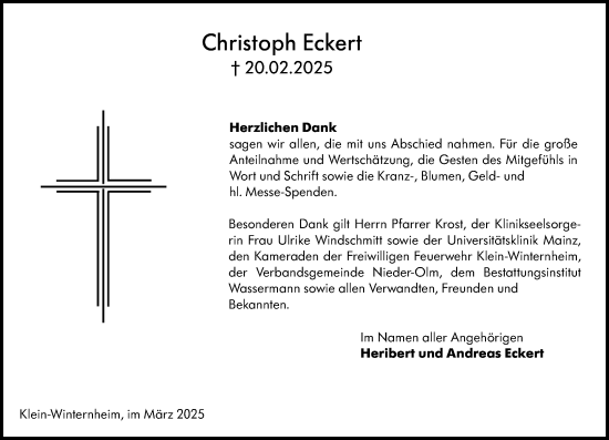 Traueranzeige von Christoph Eckert von Allgemeine Zeitung Mainz