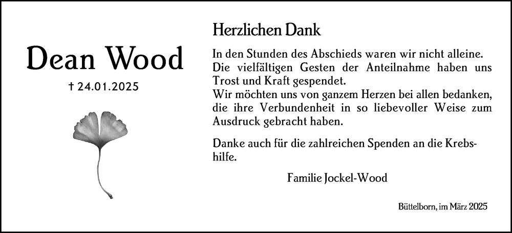  Traueranzeige für Dean Wood vom 01.03.2025 aus Groß-Gerauer Echo