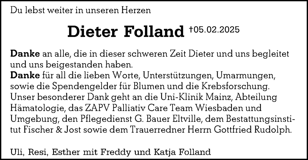  Traueranzeige für Dieter Folland vom 22.03.2025 aus Wiesbadener Kurier