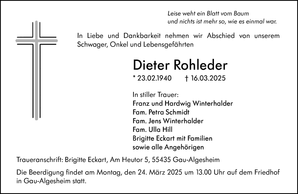  Traueranzeige für Dieter Rohleder vom 21.03.2025 aus Allgemeine Zeitung Rheinhessen-Nahe
