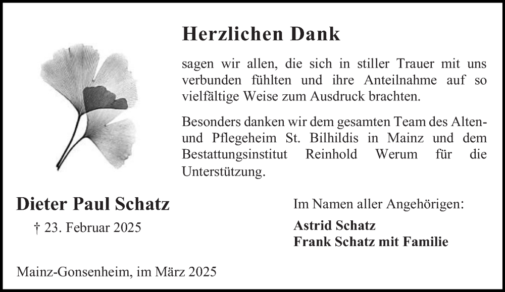  Traueranzeige für Dieter Paul Schatz vom 29.03.2025 aus Allgemeine Zeitung Mainz
