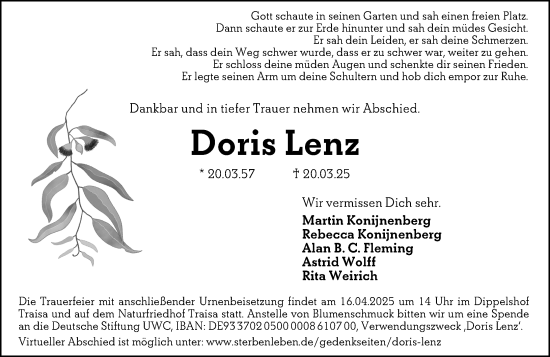 Traueranzeige von Doris Lenz von Darmstädter Echo