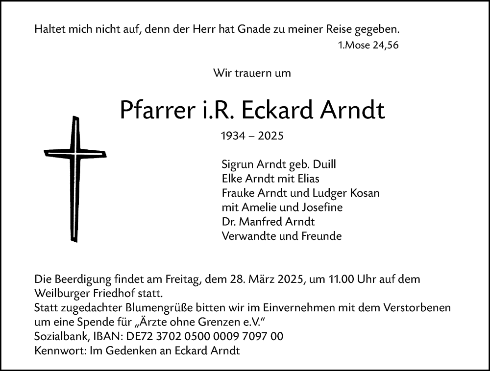  Traueranzeige für Eckard Arndt vom 22.03.2025 aus Weilburger Tageblatt