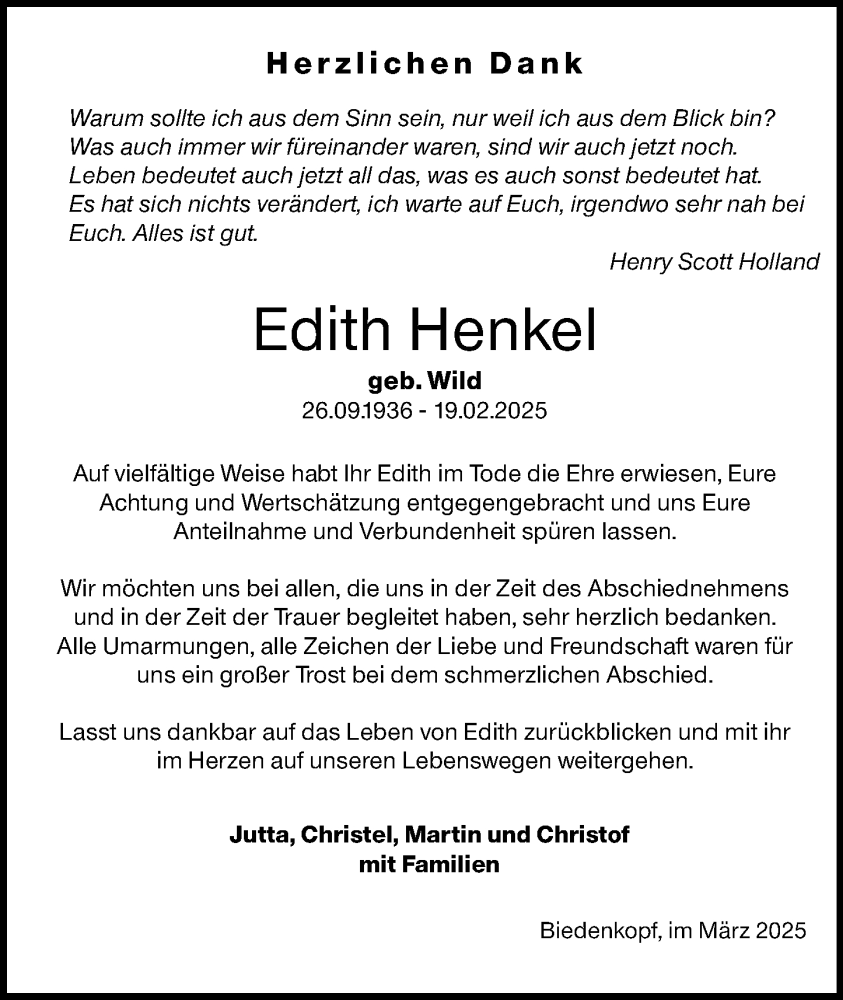  Traueranzeige für Edith Henkel vom 15.03.2025 aus Hinterländer Anzeiger