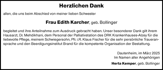 Traueranzeige von Edith Karcher von Allgemeine Zeitung Alzey