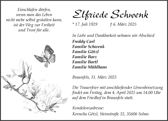 Traueranzeige von Elfriede Schwenk von Wetzlarer Neue Zeitung
