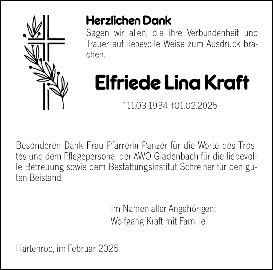 Traueranzeige von Elfriede Lina Kraft von Hinterländer Anzeiger