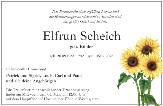 Traueranzeige von Elfrun Scheich von Wormser Zeitung