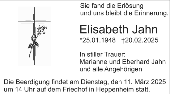 Traueranzeige von Elisabeth Jahn von Starkenburger Echo