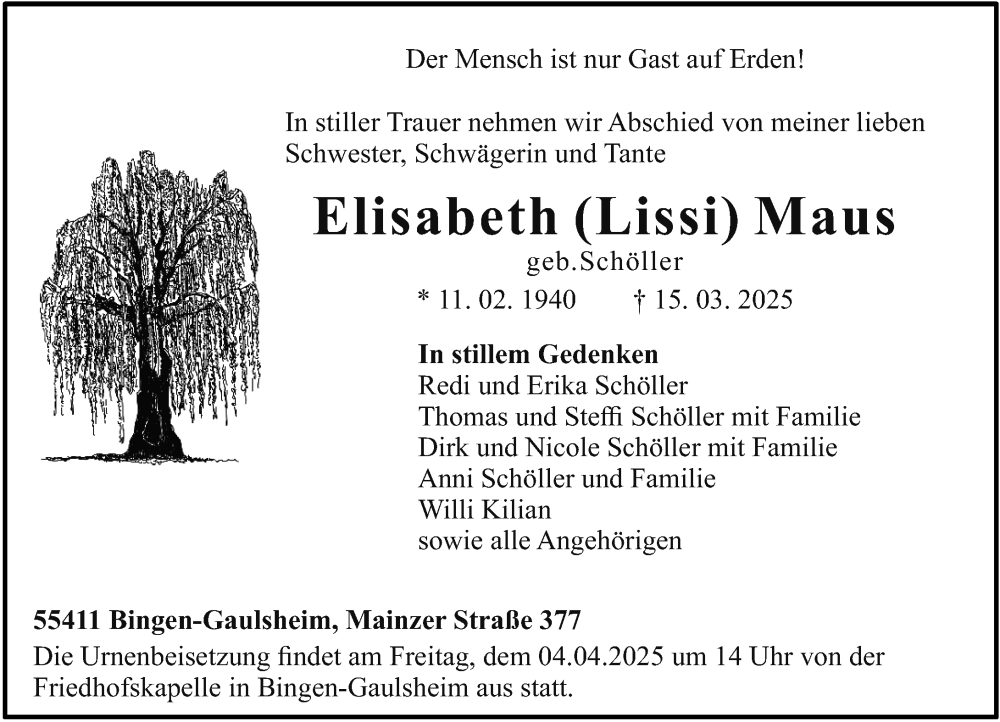  Traueranzeige für Elisabeth Maus vom 29.03.2025 aus Allgemeine Zeitung Rheinhessen-Nahe