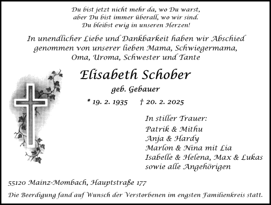 Traueranzeige von Elisabeth Schober von Allgemeine Zeitung Mainz
