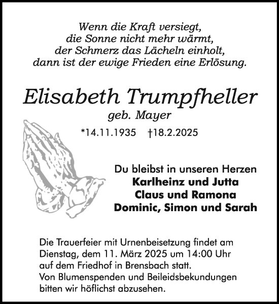 Traueranzeige von Elisabeth Trumpfheller von Odenwälder Echo