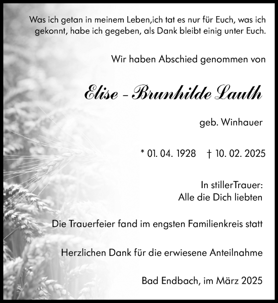 Traueranzeige von Elise-Brunhilde Lauth von Hinterländer Anzeiger