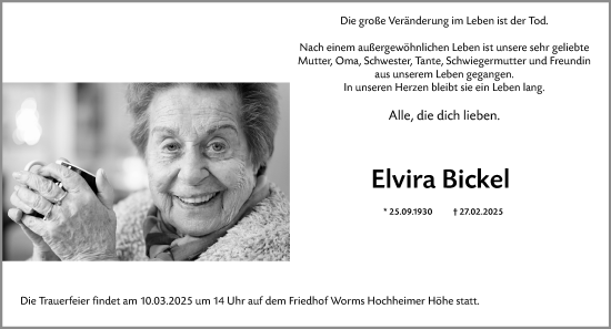 Traueranzeige von Elvira Bickel von Wormser Zeitung
