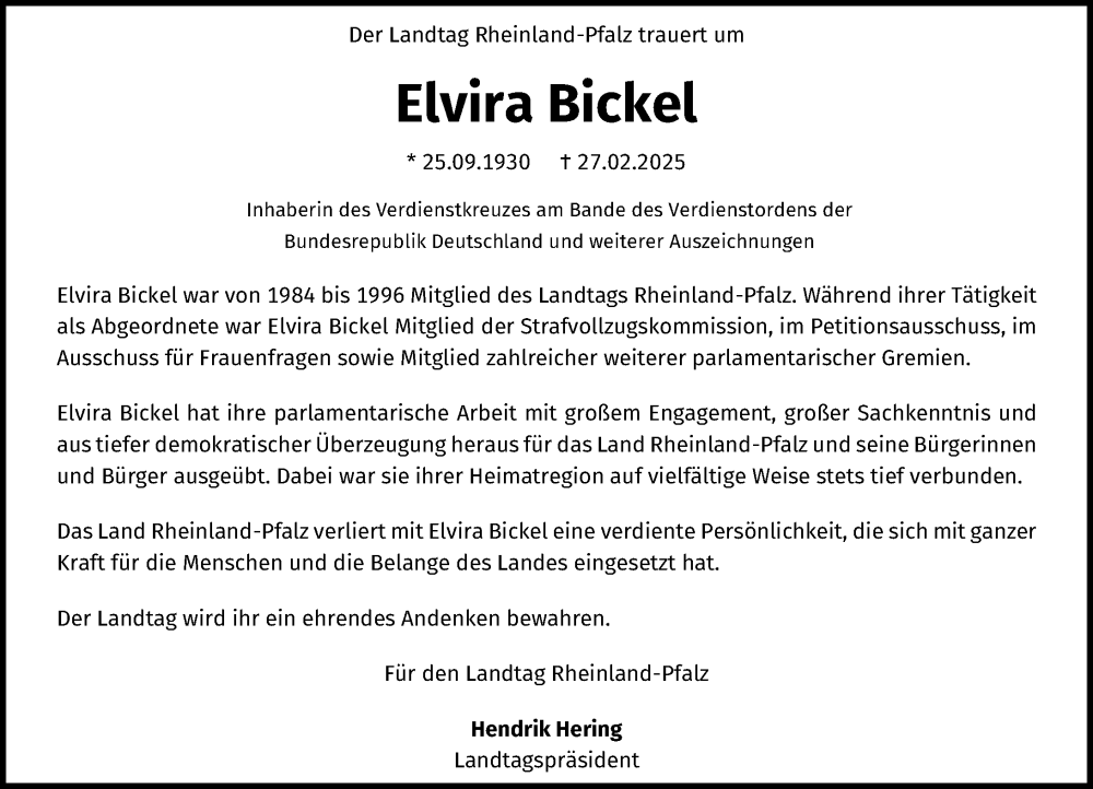  Traueranzeige für Elvira Bickel vom 08.03.2025 aus Wormser Zeitung