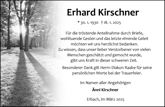 Traueranzeige von Erhard Kirschner von Odenwälder Echo