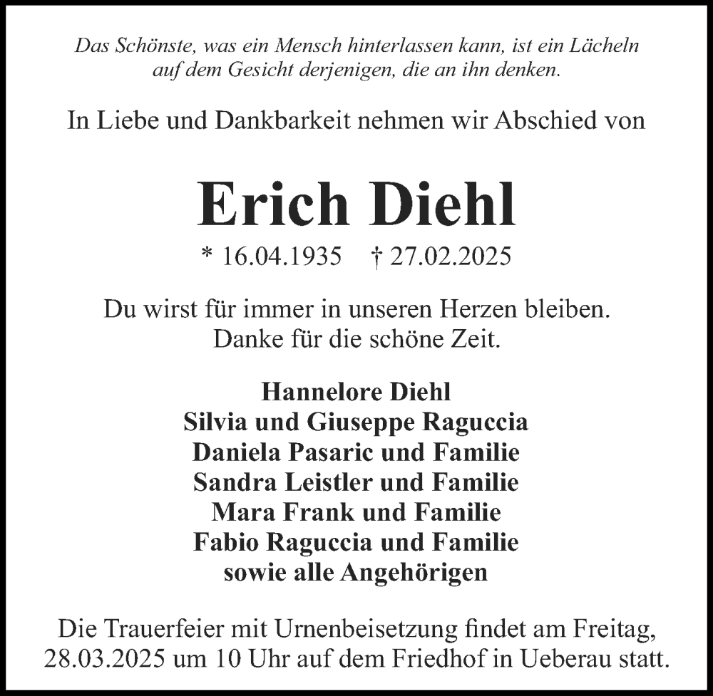  Traueranzeige für Erich Diehl vom 15.03.2025 aus Darmstädter Echo