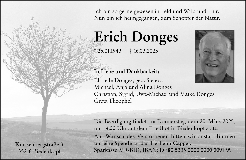  Traueranzeige für Erich Donges vom 19.03.2025 aus Hinterländer Anzeiger