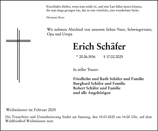 Traueranzeige von Erich Schäfer von Weilburger Tageblatt