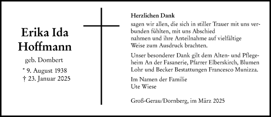 Traueranzeige von Erika Ida Hoffmann von Groß-Gerauer Echo