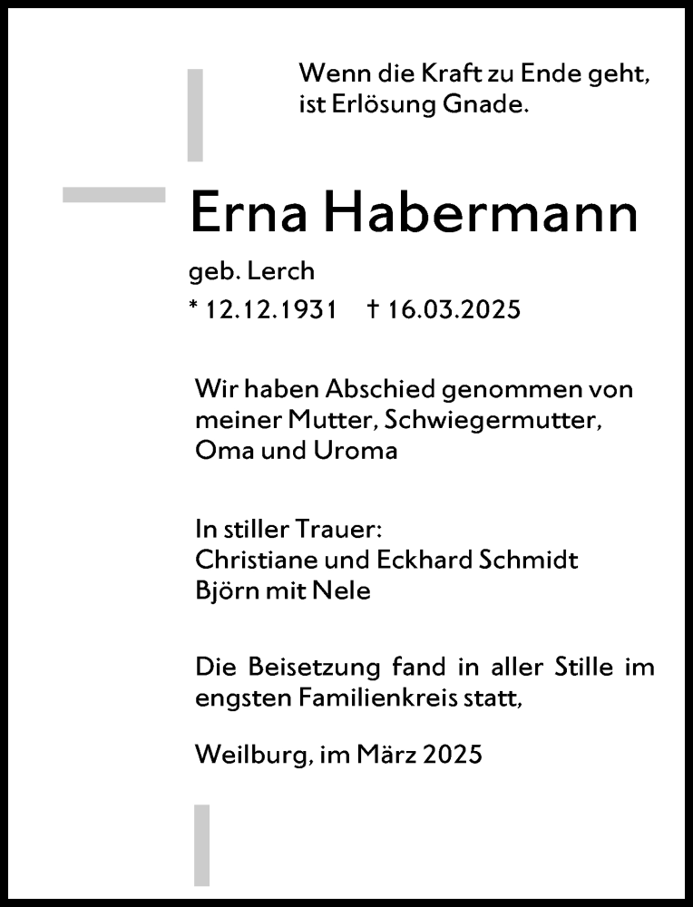  Traueranzeige für Erna Habermann vom 29.03.2025 aus Weilburger Tageblatt