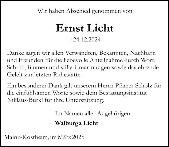 Traueranzeige von Ernst Licht von Allgemeine Zeitung Mainz