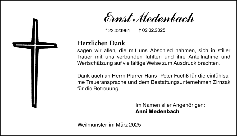  Traueranzeige für Ernst Medenbach vom 01.03.2025 aus Weilburger Tageblatt