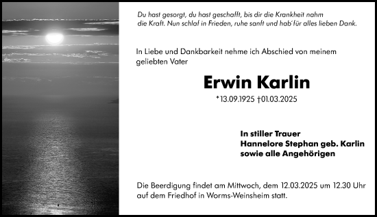 Traueranzeige von Erwin Karlin von Wormser Zeitung