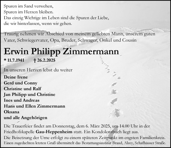 Traueranzeige von Erwin Philipp Zimmermann von Allgemeine Zeitung Alzey