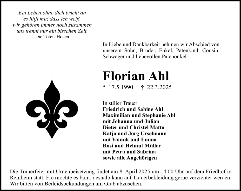  Traueranzeige für Florian Ahl vom 29.03.2025 aus Darmstädter Echo