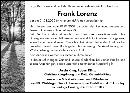Traueranzeige von Frank Lorenz von Wetzlarer Neue Zeitung