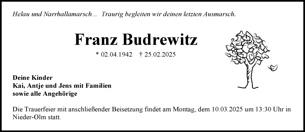  Traueranzeige für Franz Budrewitz vom 08.03.2025 aus Allgemeine Zeitung Mainz