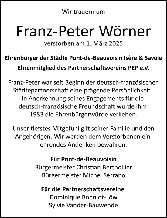 Traueranzeige von Franz-Peter Wörner von Odenwälder Echo