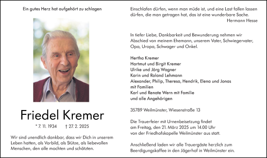 Traueranzeige von Friedel Kremer von Weilburger Tageblatt