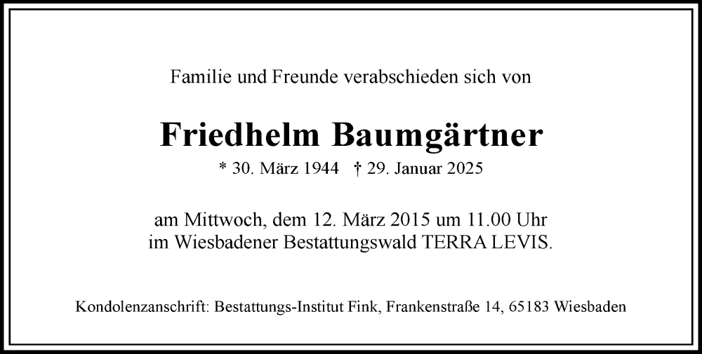  Traueranzeige für Friedhelm Baumgärtner vom 08.03.2025 aus Wiesbadener Kurier