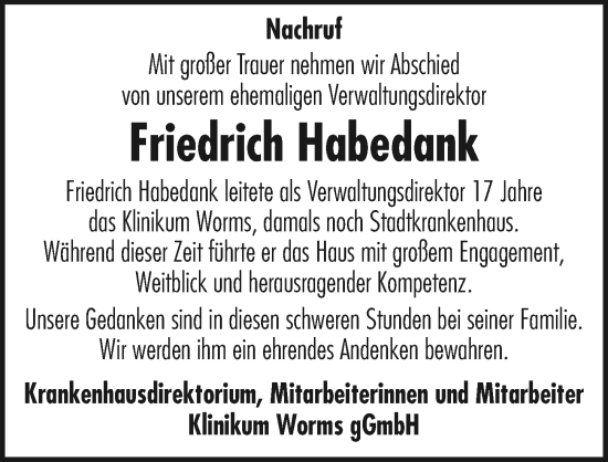 Traueranzeige von Friedrich Habedank von Wormser Zeitung