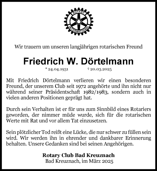 Traueranzeige von Friedrich W. Dörtelmann von Allgemeine Zeitung Rheinhessen-Nahe