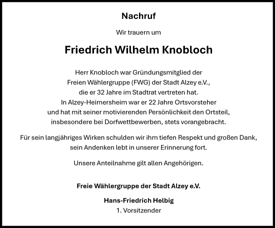 Traueranzeige von Friedrich Wilhelm Knobloch von Allgemeine Zeitung Alzey