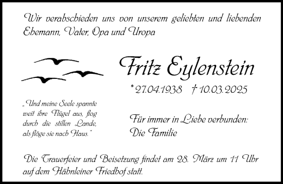 Traueranzeige von Fritz Eylenstein von Darmstädter Echo