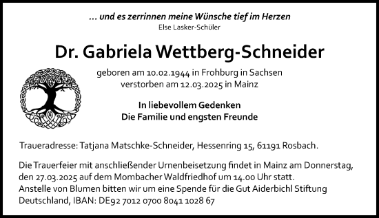 Traueranzeige von Gabriela Wettberg-Schneider von Allgemeine Zeitung Mainz