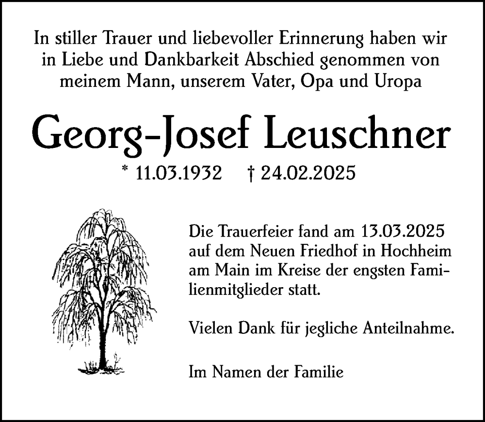 Traueranzeige für Georg-Josef Leuschner vom 21.03.2025 aus Hochheimer Zeitung