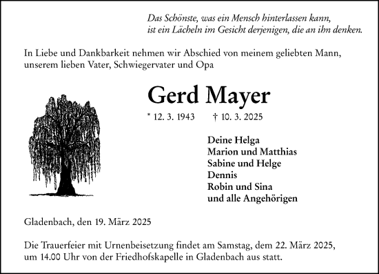 Traueranzeige von Gerd Mayer von Hinterländer Anzeiger