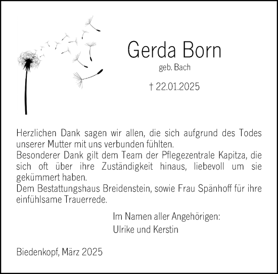 Traueranzeige von Gerda Born von Hinterländer Anzeiger