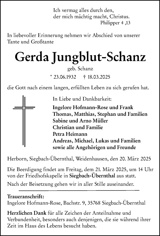 Traueranzeige von Gerda Jungblut-Schanz von Dill Block