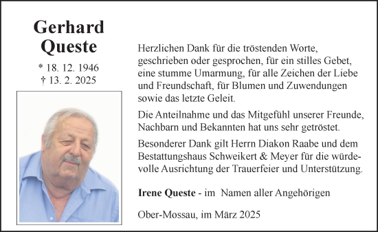 Traueranzeige von Gerhard Queste von Odenwälder Echo